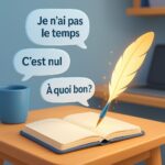 Illustration claire d’un bureau d’écrivain avec trois bulles de pensées “Je n’ai pas le temps”, “C’est nul”, “À quoi bon ?” effacées par une plume lumineuse.